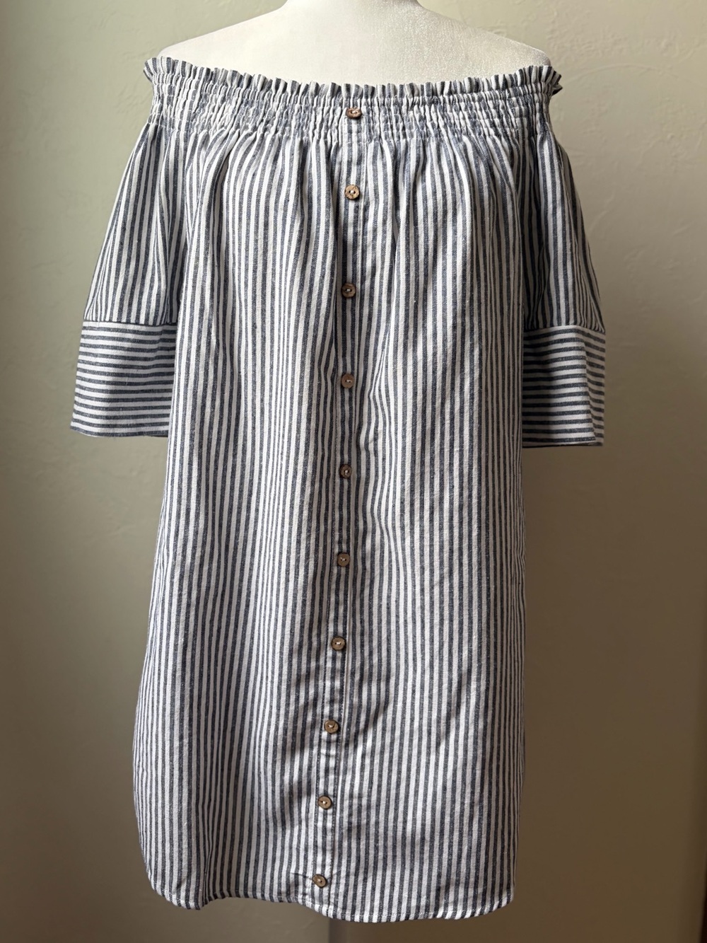 Paper Crane Blue White Striped Off Shoulder Cotton Dress Small